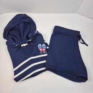 Life is Good Navy Striped Knit Hoodie Top & Shorts Set Loungewear PJs Medium NWT